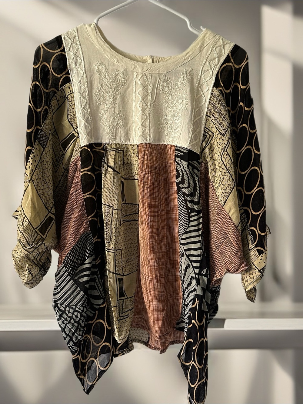 202 NWT Young Threads Boho Patchwork Tunic Top Cream and Multicolor